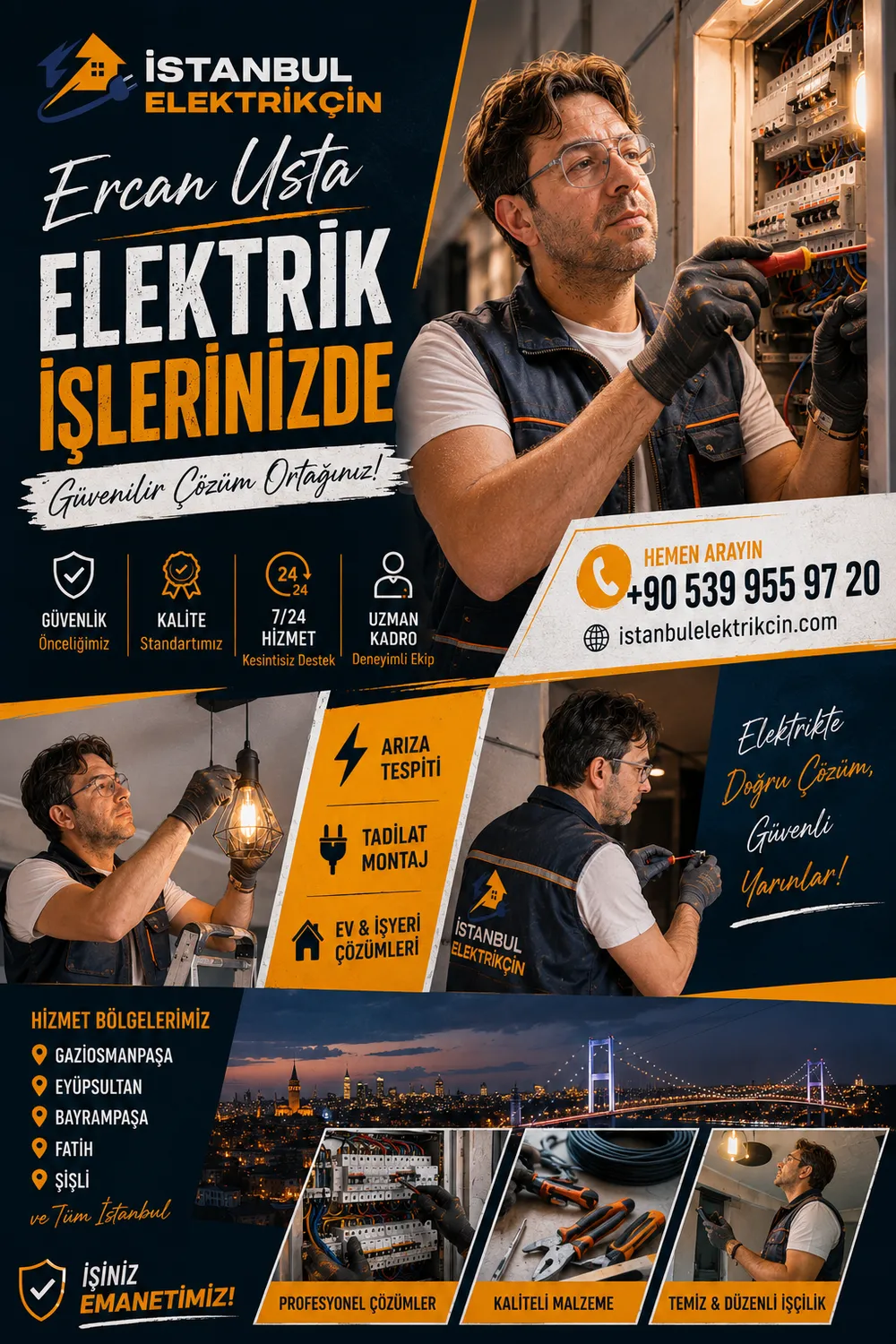 Ercan Usta İstanbul elektrikçi hizmet afişi — elektrik arıza, pano ve tesisat servisi